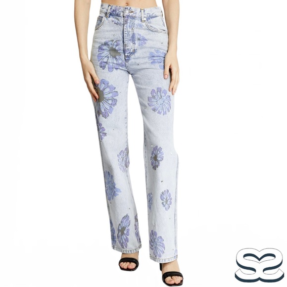 Sandro **NWT** Blossom Floral Print Rhinestone Straight Jeans in Blue Jean - Picture 12 of 16